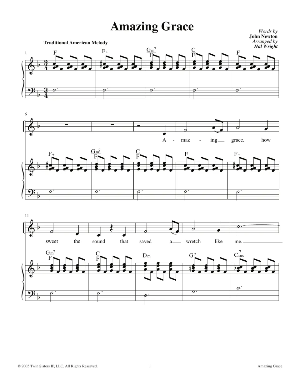 Amazing Grace in 3/4, F major: piano intro, then the vocal line 'Amazing grace, how sweet the sound' with chord symbols