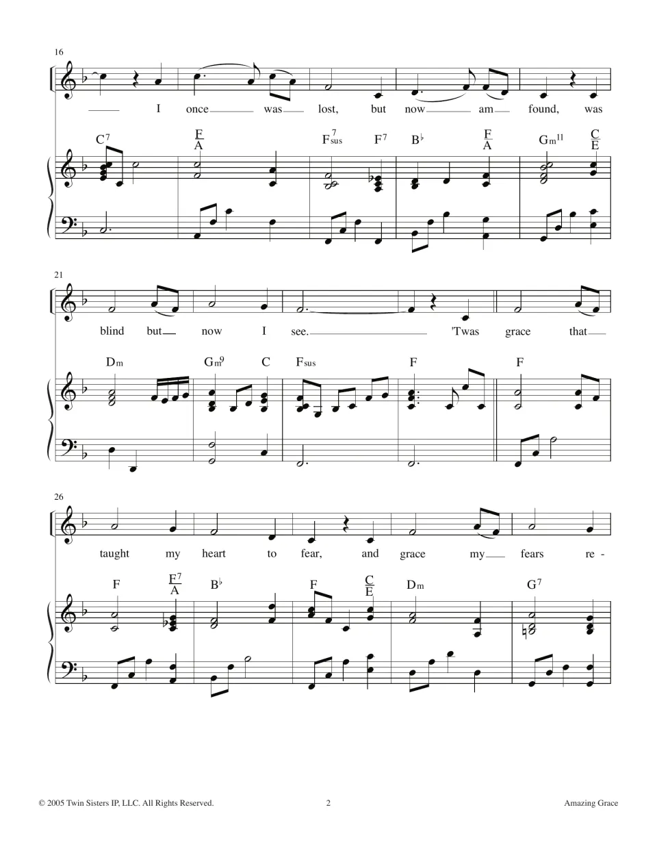 Hymn measures 16-30 in F: lyrics 'I once was lost' through 'grace that taught my heart to fear' with piano chords