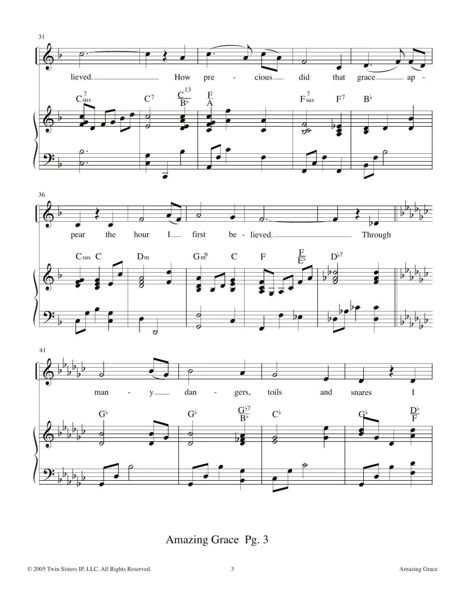 Measures 31-44: verse 'How precious did that grace appear', then a key change to G-flat for 'Through many dangers'
