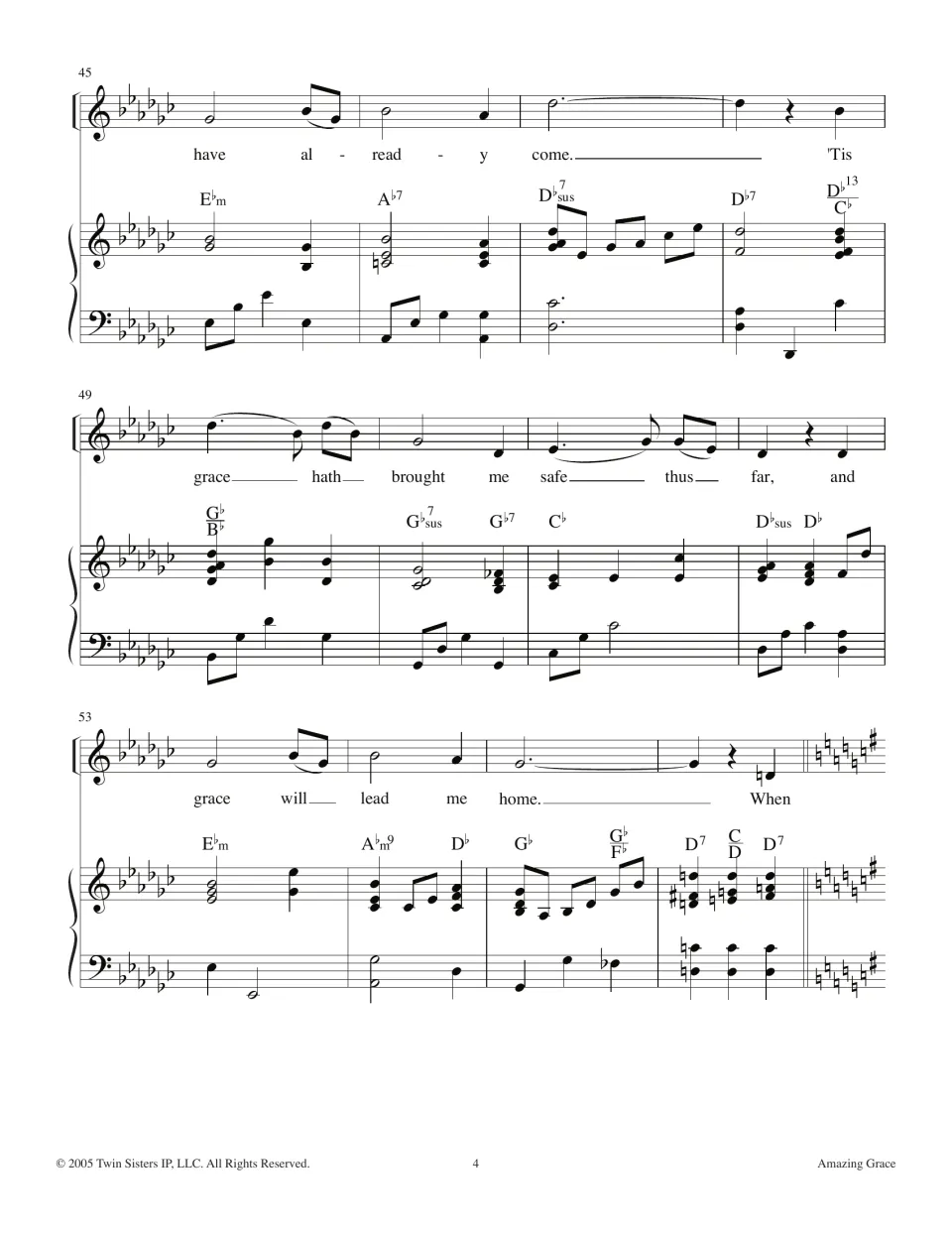 Measures 45-56 in G-flat: 'grace hath brought me safe thus far' and 'grace will lead me home', then a shift to G major