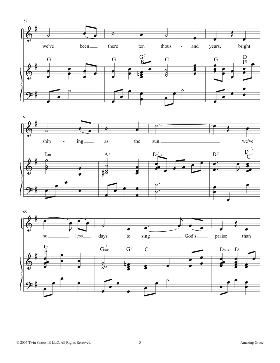 Measures 57-68 in G major: final verse 'we've been there ten thousand years, bright shining as the sun' with piano chords