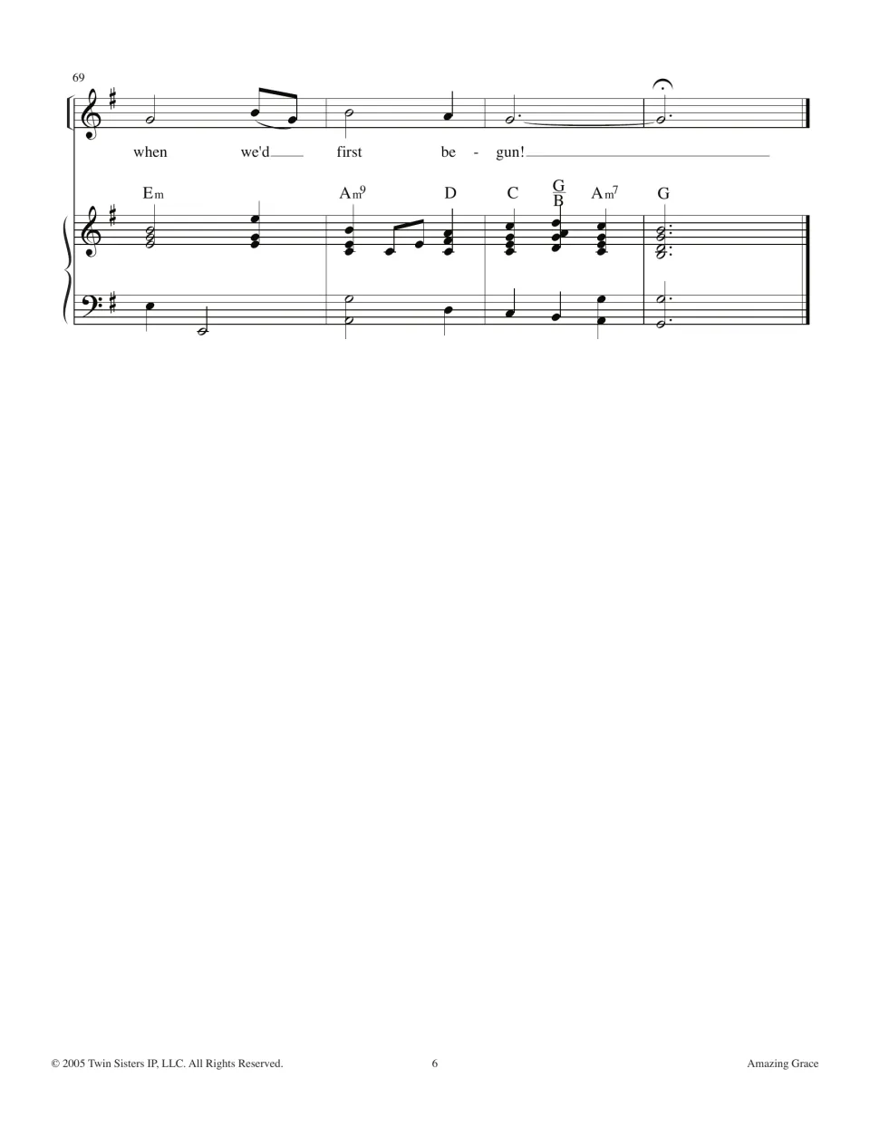 Hymn ending, measures 69-72: closing words 'when we'd first begun!' with a fermata on the last note and a final G chord