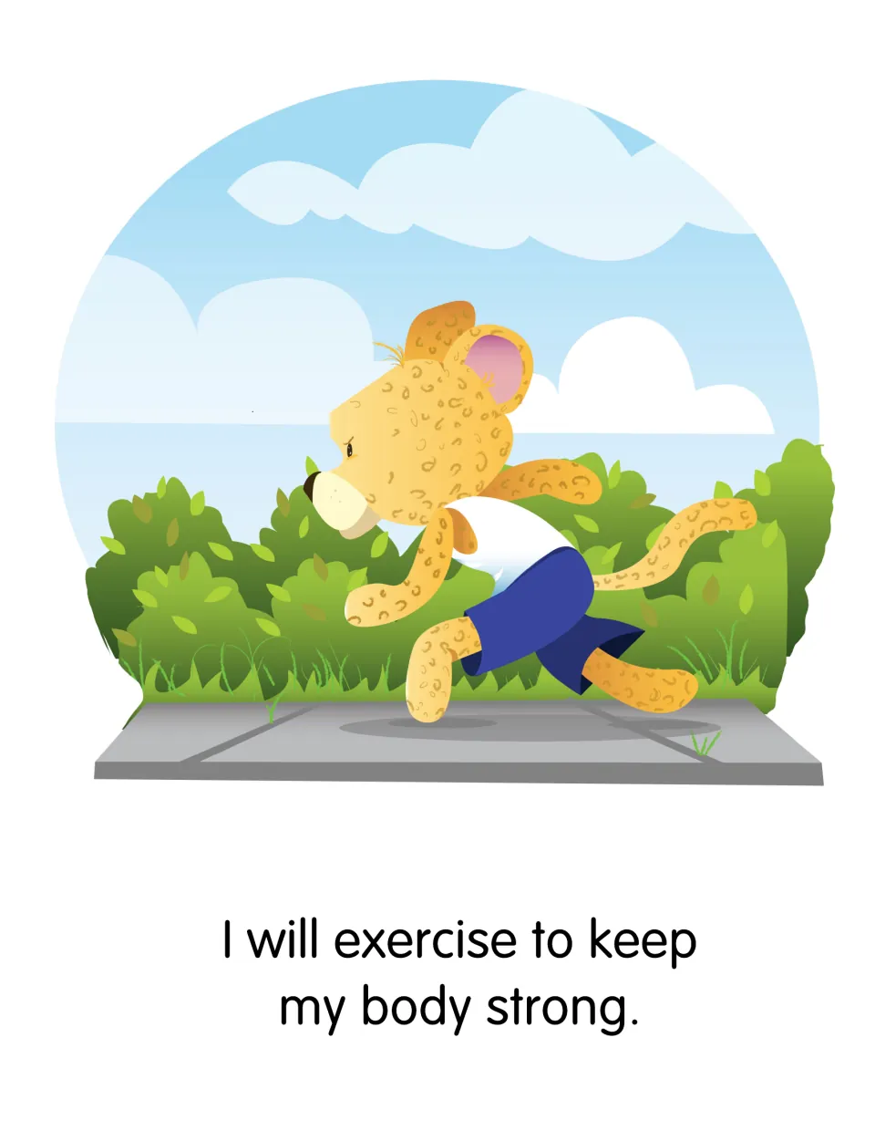 Exercise affirmation reads 'I will exercise to keep my body strong,' illustrated by a running spotted cat