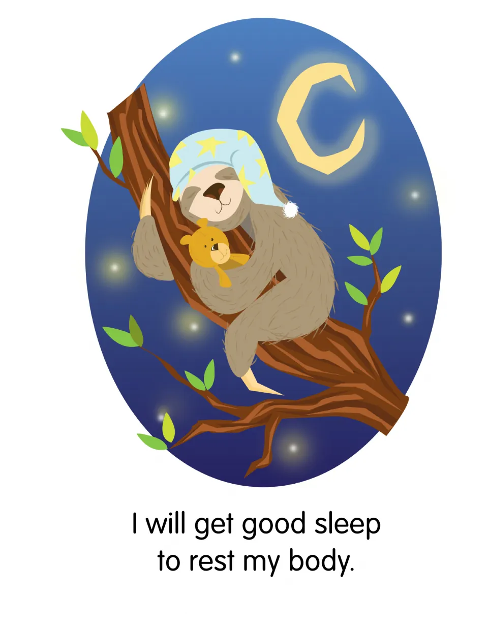 Sleep affirmation reads 'I will get good sleep to rest my body,' with a sloth resting in a tree at night