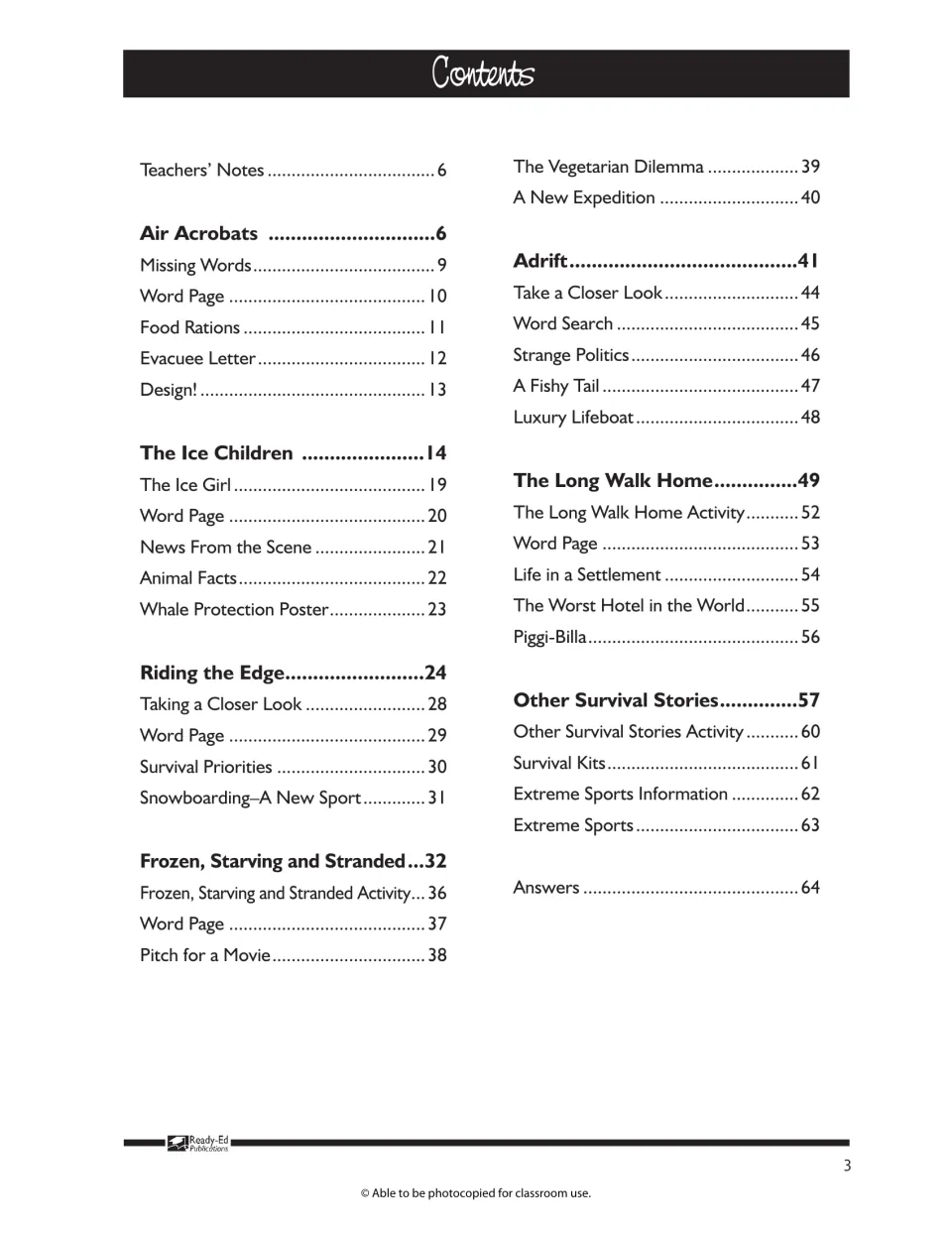 Contents: seven stories from Air Acrobats to Other Survival Stories, each followed by its activities, and an answers page