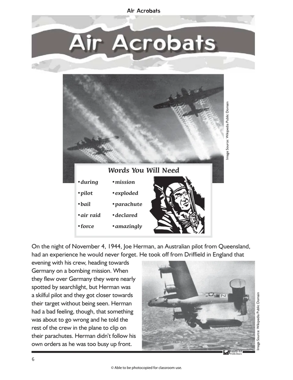 Air Acrobats opening: WWII bombing story of pilot Joe Herman, with a Words You Will Need list of 10 words