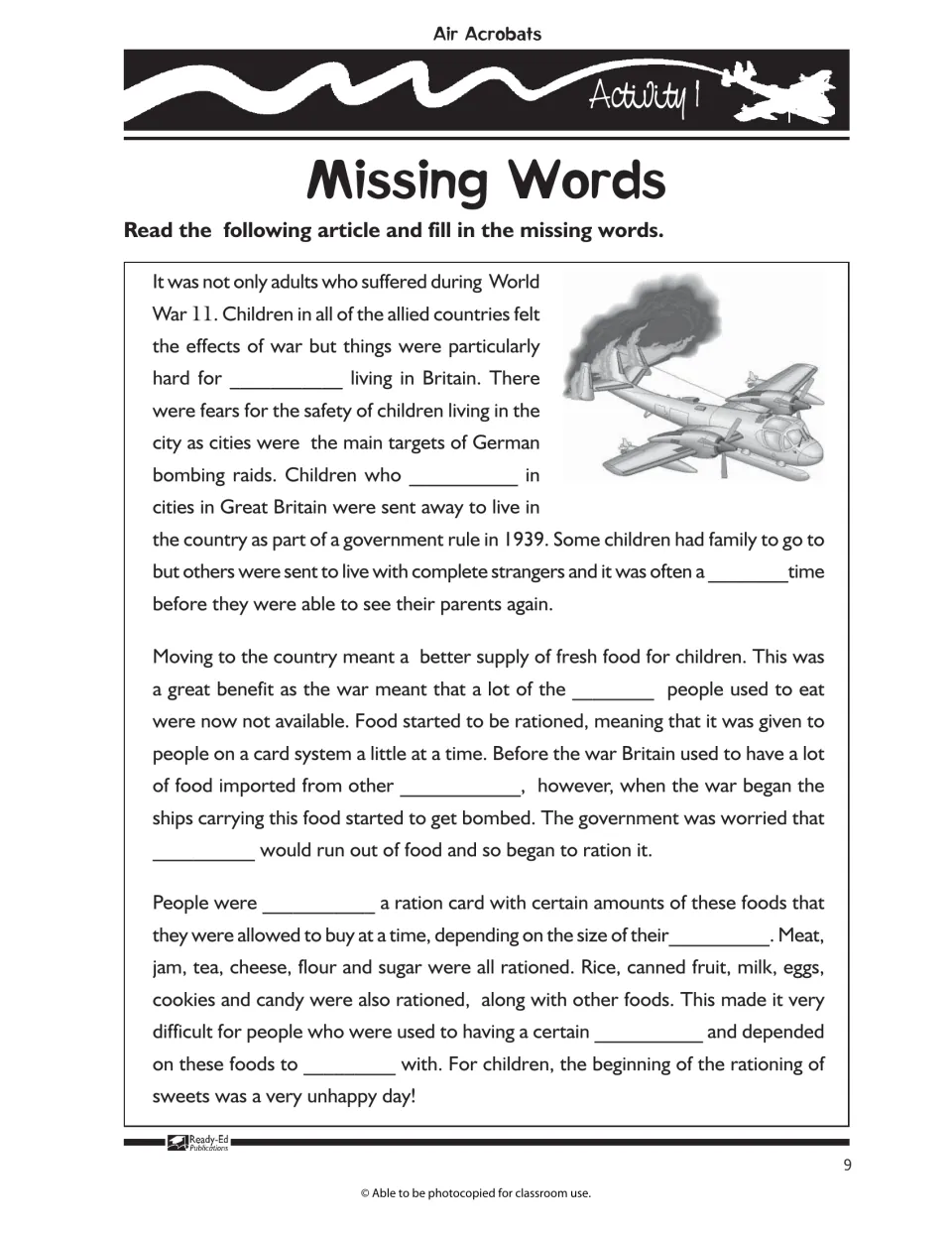 Missing Words cloze: students read an article on WWII evacuation and food rationing in Britain and fill in the blanks