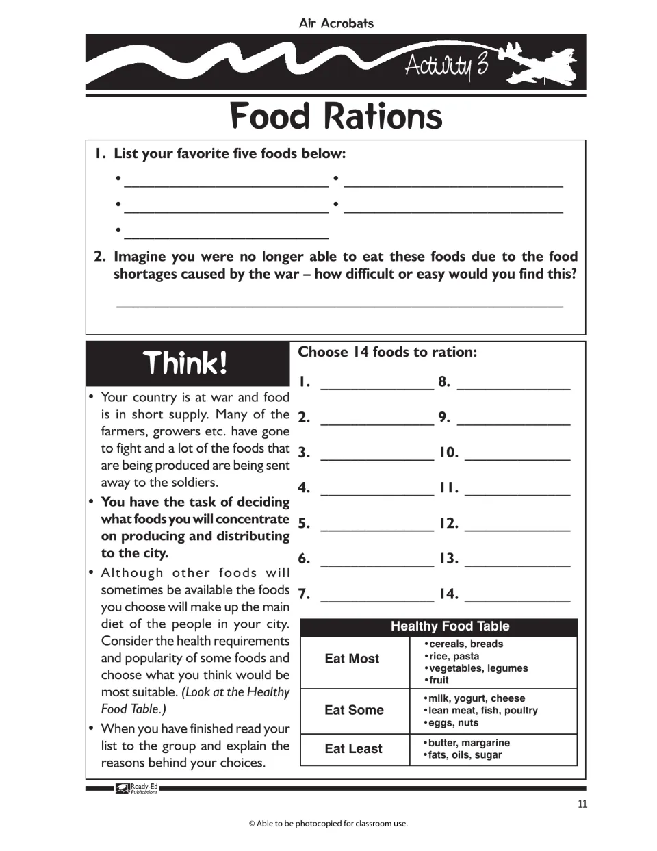 Food Rations: students list five favorite foods, then choose 14 wartime foods to ration using a Healthy Food Table