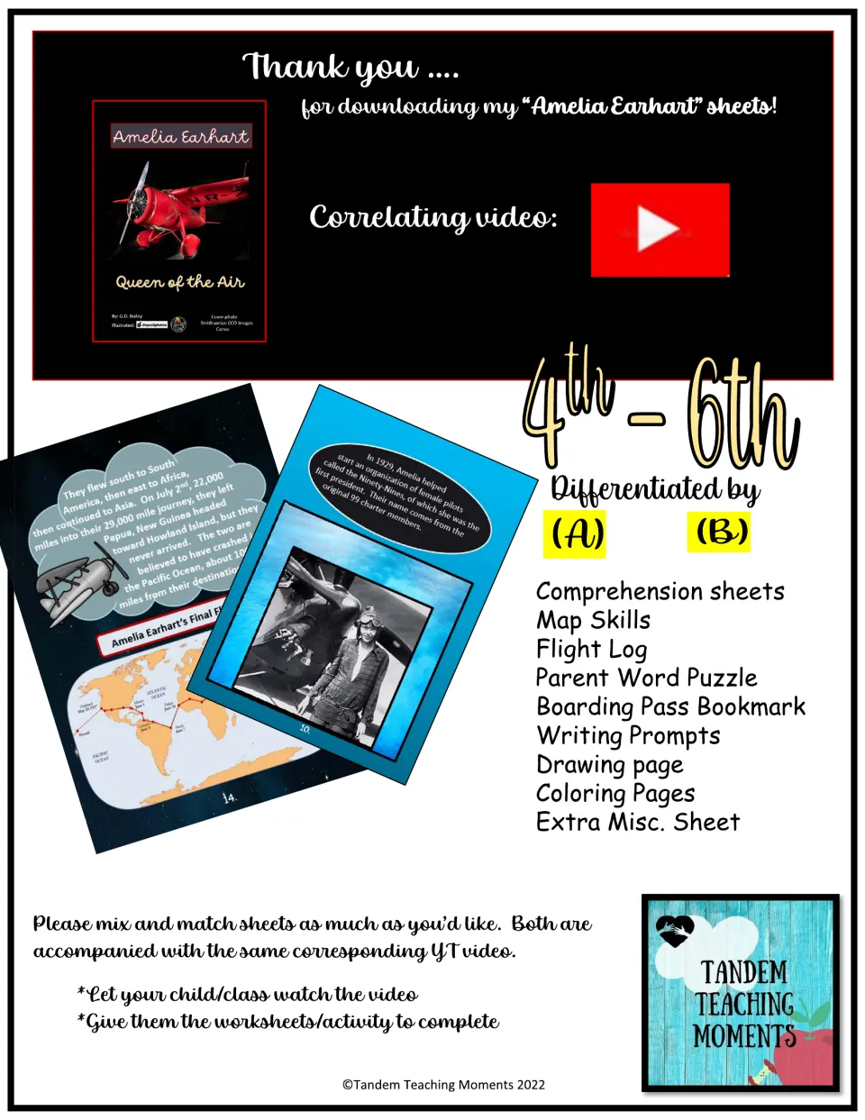 Amelia Earhart packet overview: comprehension sheets, map skills, flight log, bookmark, prompts and coloring, levels A and B
