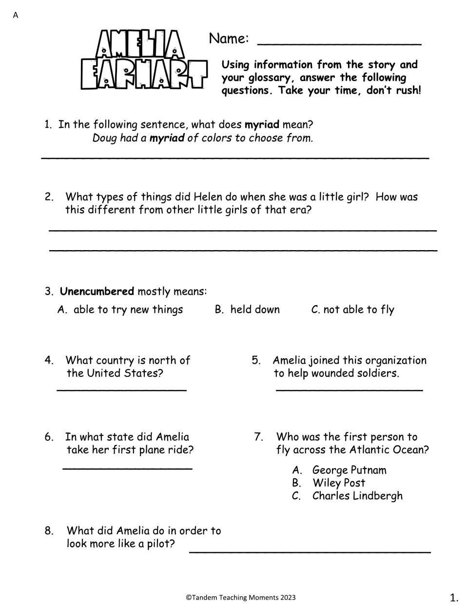 Amelia Earhart comprehension, level A part 1: students define myriad and unencumbered and answer questions on her early life