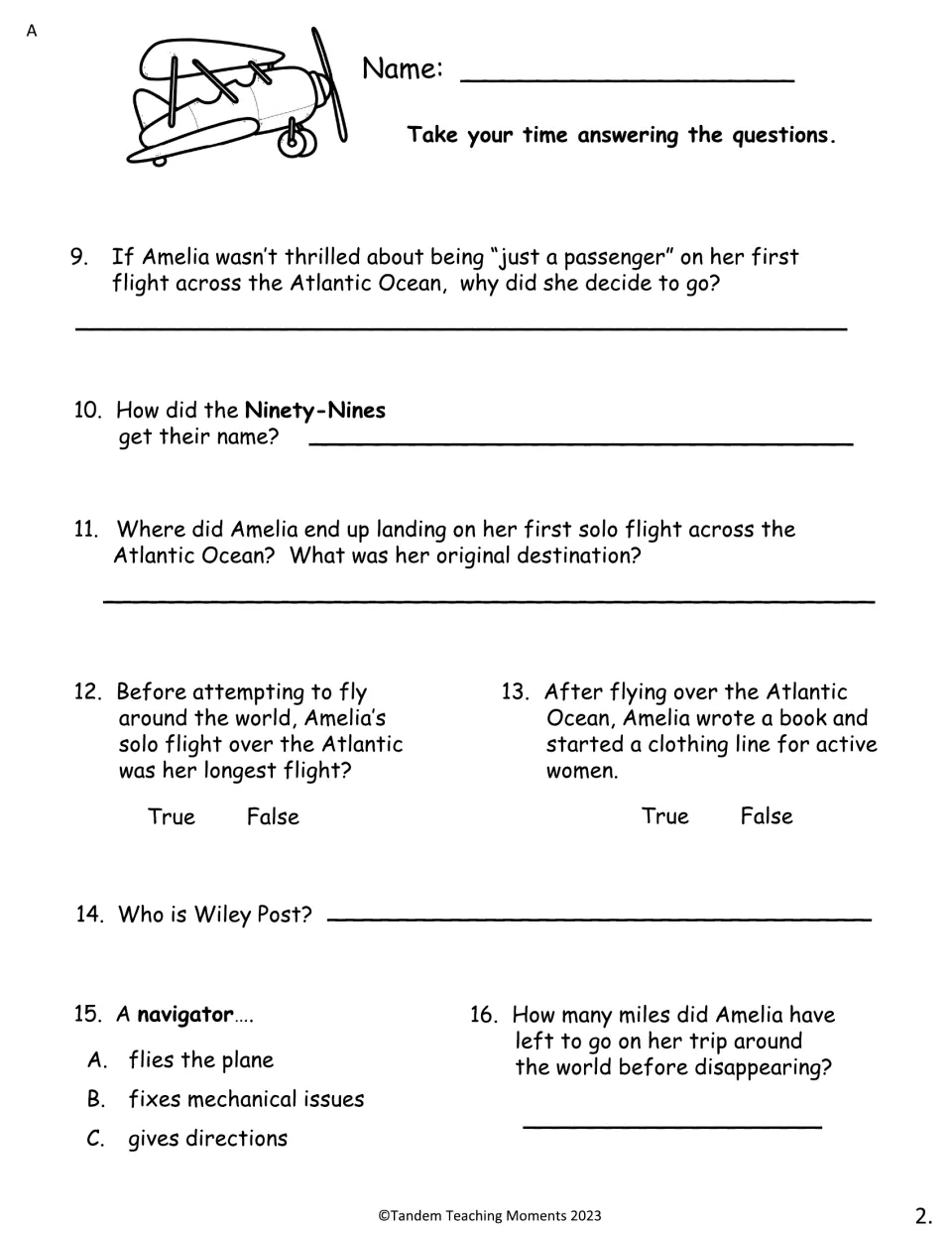 Earhart comprehension, level A part 2: questions 9-16 on the Ninety-Nines, her solo Atlantic flight, Wiley Post, navigators
