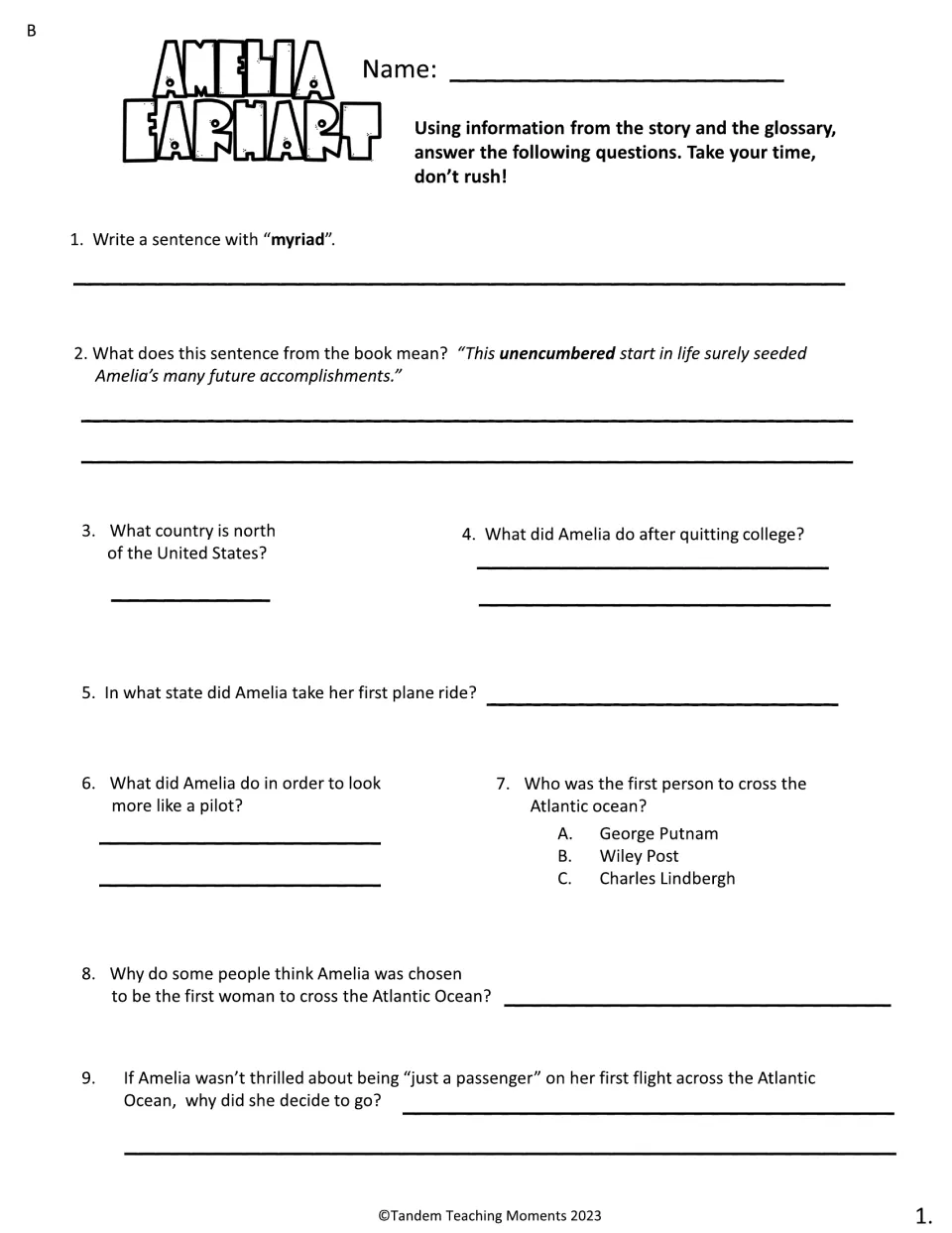 Level B part 1: students use myriad in a sentence, explain an unencumbered quote, answer questions on Earhart's early life