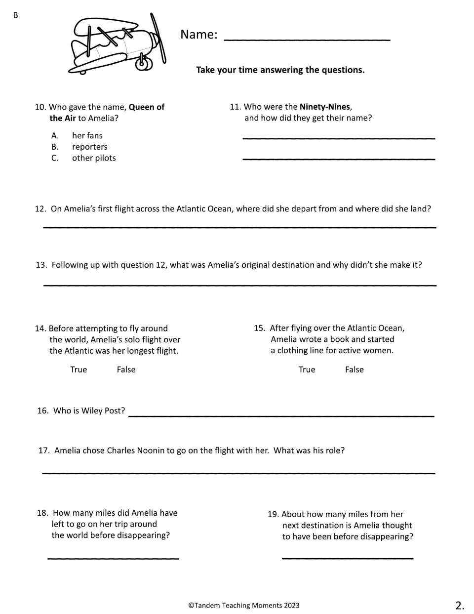 Level B part 2: questions 10-19 on Queen of the Air, the Ninety-Nines, the Atlantic flight and her disappearance