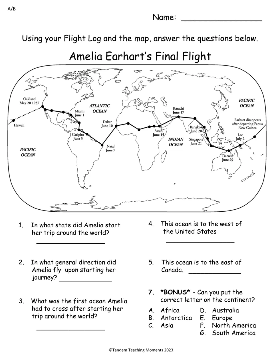 Map skills: students use Earhart's final flight route map to name a state, oceans and direction, then label continents
