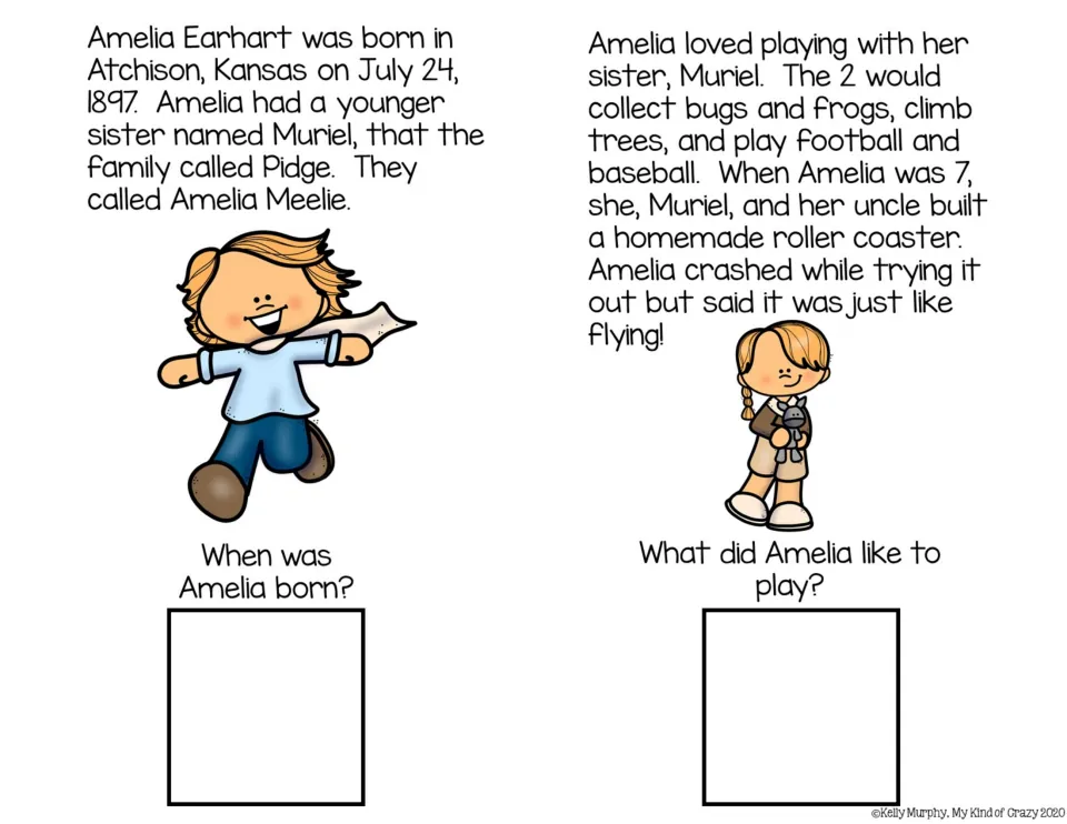 Amelia's Kansas childhood with sister Muriel, born 1897; students answer when she was born and what she liked to play