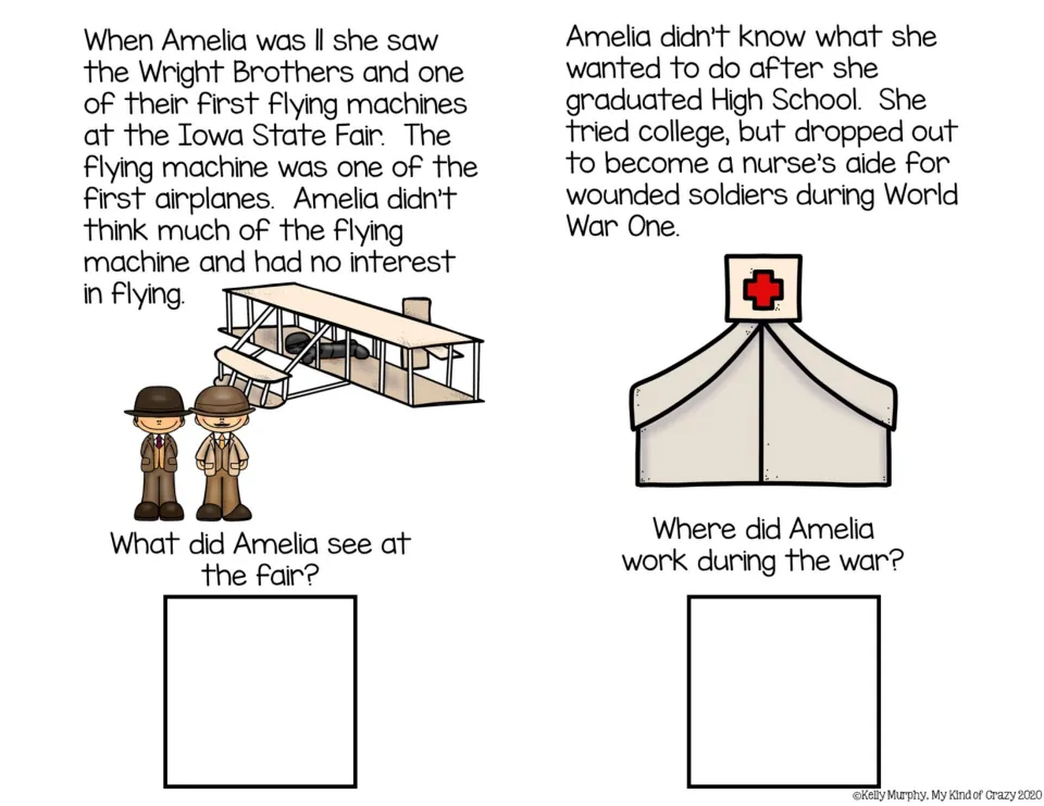 Wright Brothers' flying machine and nurse's aide in World War One; students recall what Amelia saw and where she worked