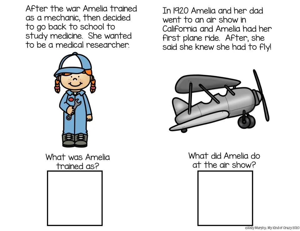Mechanic training and a first plane ride at a 1920 air show; students answer what Amelia trained as and did at the show