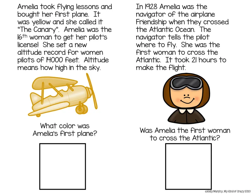 Yellow plane The Canary and the 1928 Atlantic crossing as navigator; students give the plane's color and a yes/no answer