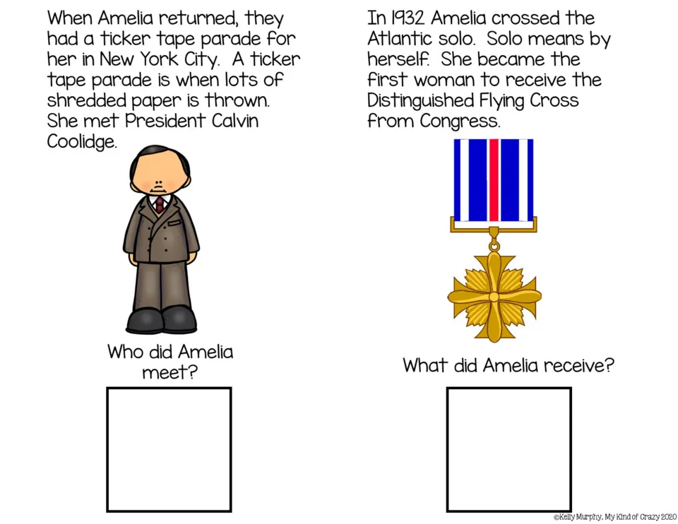 Ticker tape parade, President Coolidge and 1932 solo Atlantic flight; students name who Amelia met and the medal she got