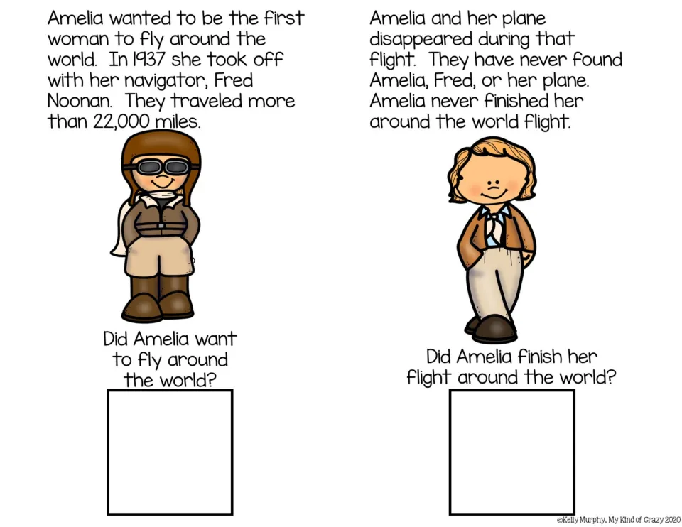 Amelia's 1937 round-the-world flight with Fred Noonan and her disappearance; students answer two yes/no questions