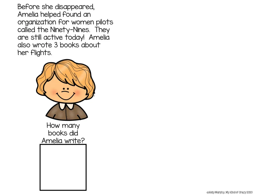 Amelia helps found the Ninety-Nines women pilots group and writes 3 books; students answer how many books she wrote