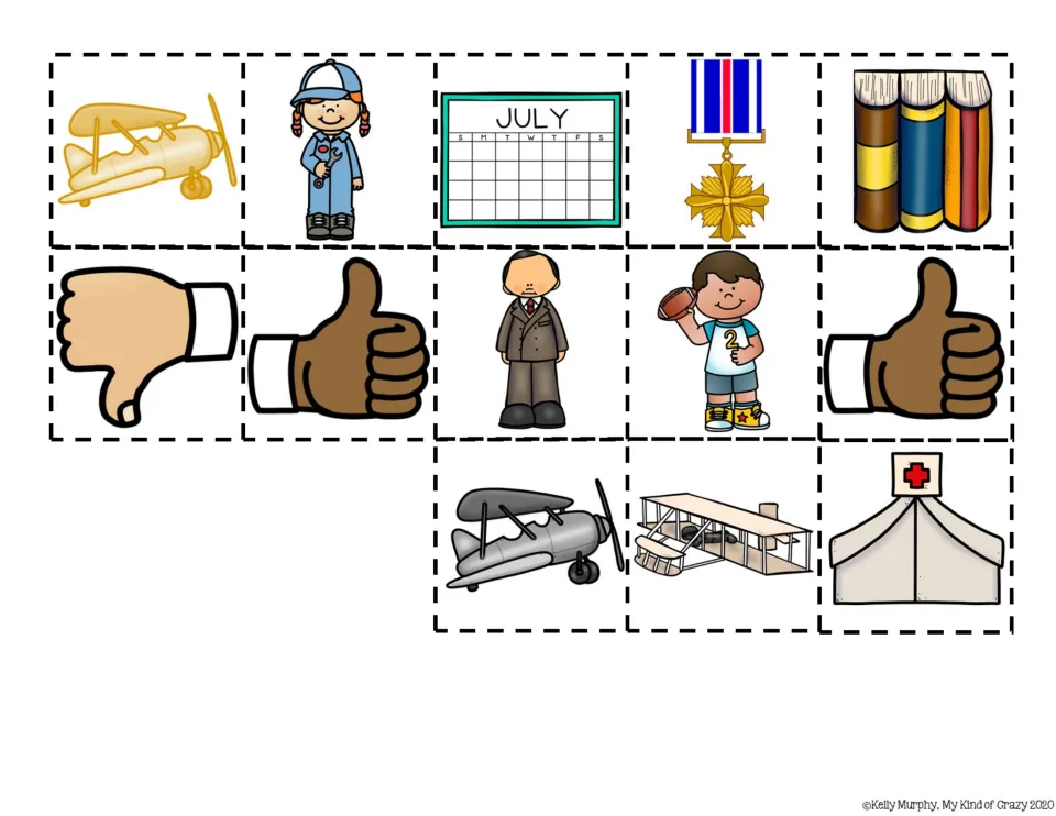 Picture answer cards to cut out: planes, mechanic, July calendar, medal, books, Coolidge, football boy, tent and thumbs