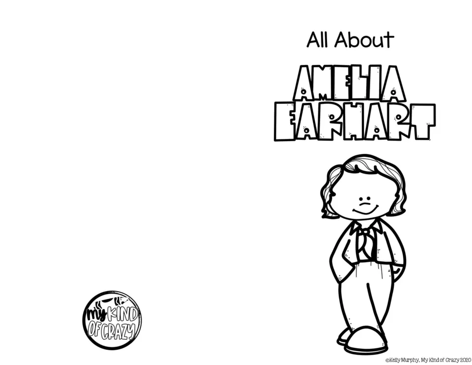 Black-and-white cover of All About Amelia Earhart with an outlined cartoon Amelia that students can color in