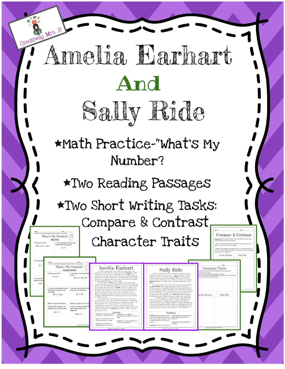 Activity pack cover introducing Amelia Earhart and Sally Ride math practice, reading passages, and writing tasks