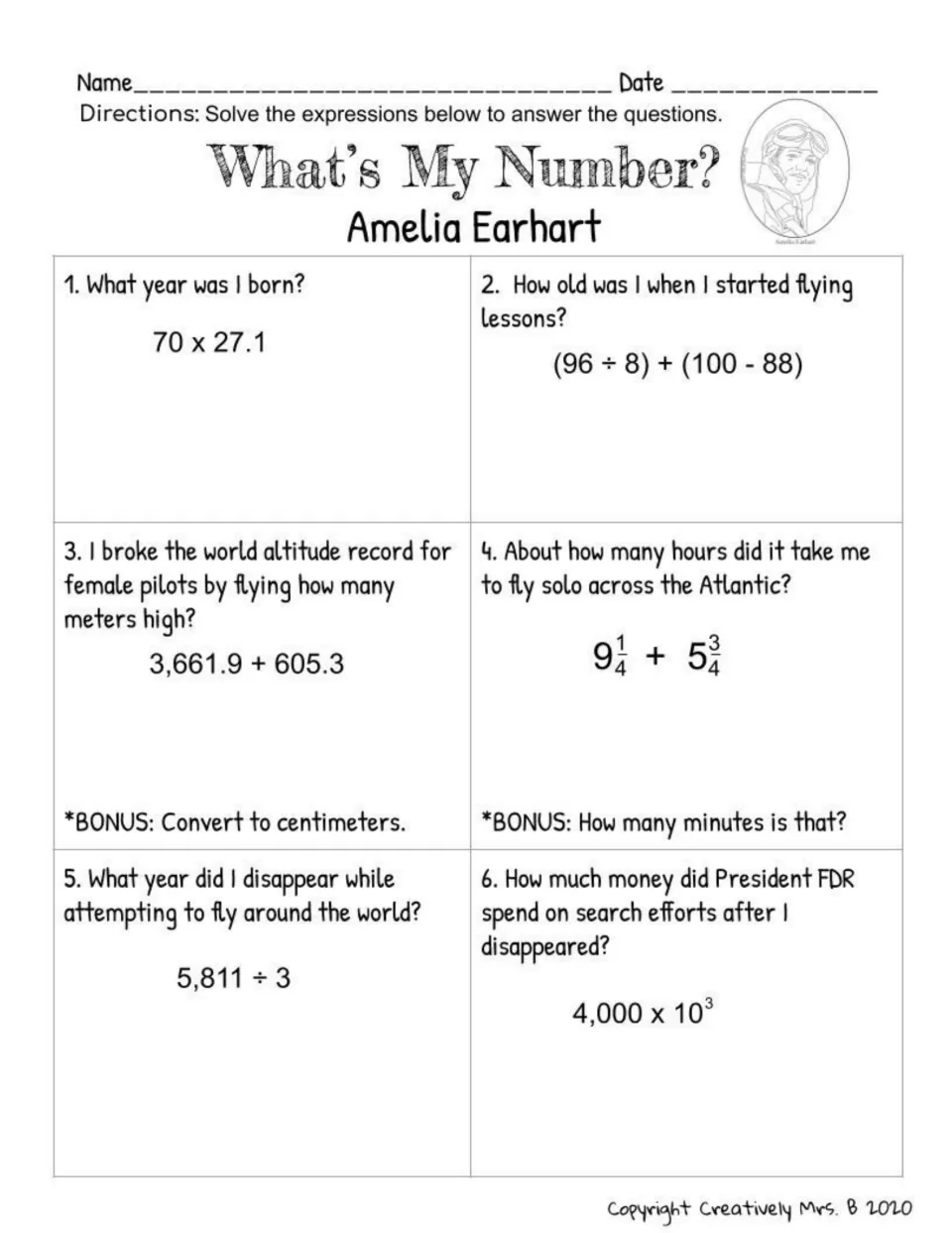 Amelia Earhart math trivia: six expressions reveal facts about her birth, flying lessons, records, and disappearance