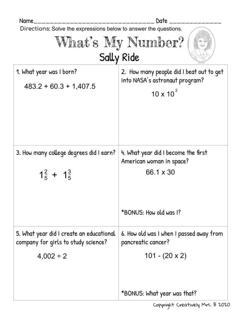Sally Ride math trivia: six expressions reveal facts about her birth, NASA selection, degrees, and spaceflight