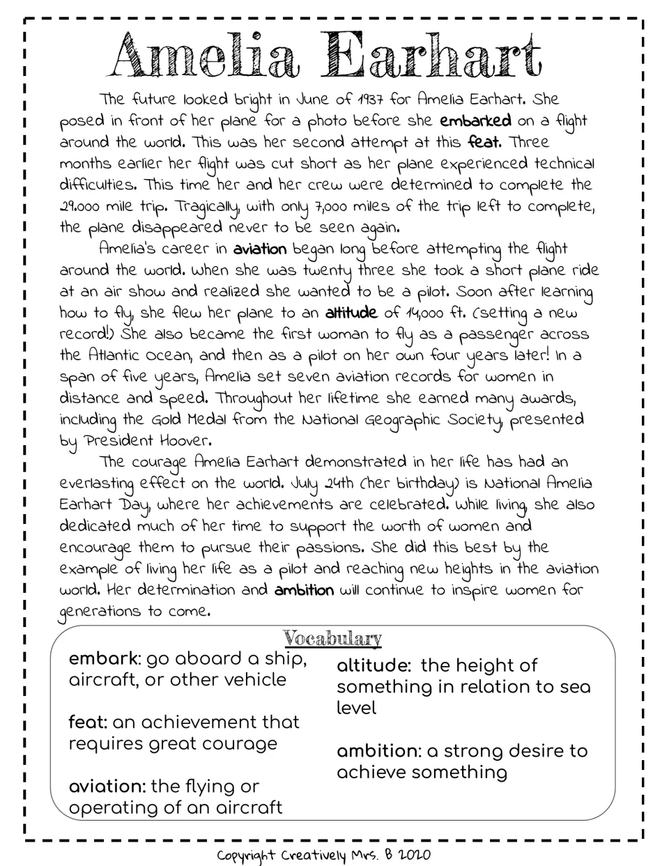 Amelia Earhart reading passage covers her final flight, aviation records, and legacy, with vocabulary definitions