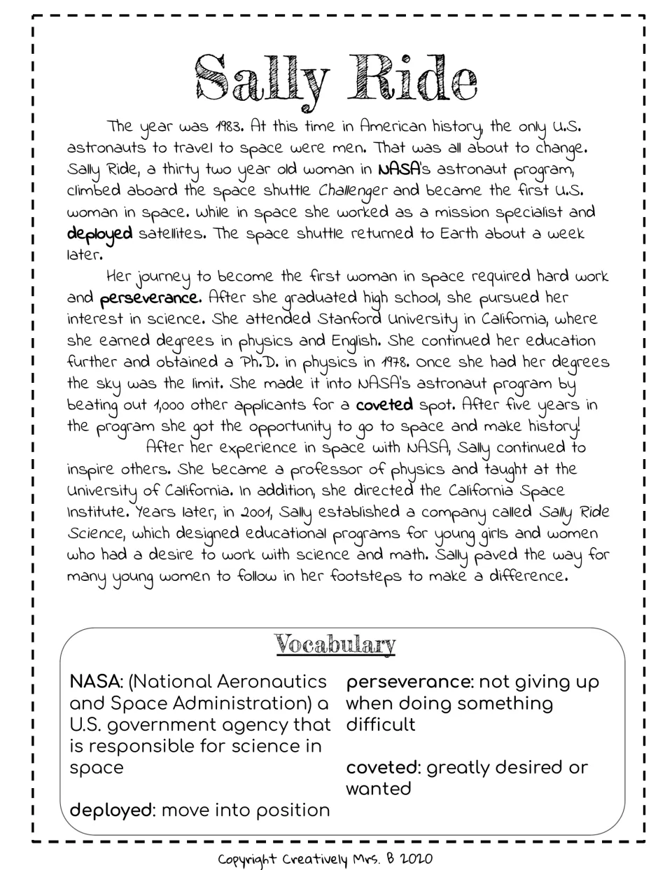 Sally Ride reading passage covers her 1983 spaceflight, education, and science outreach, with vocabulary definitions