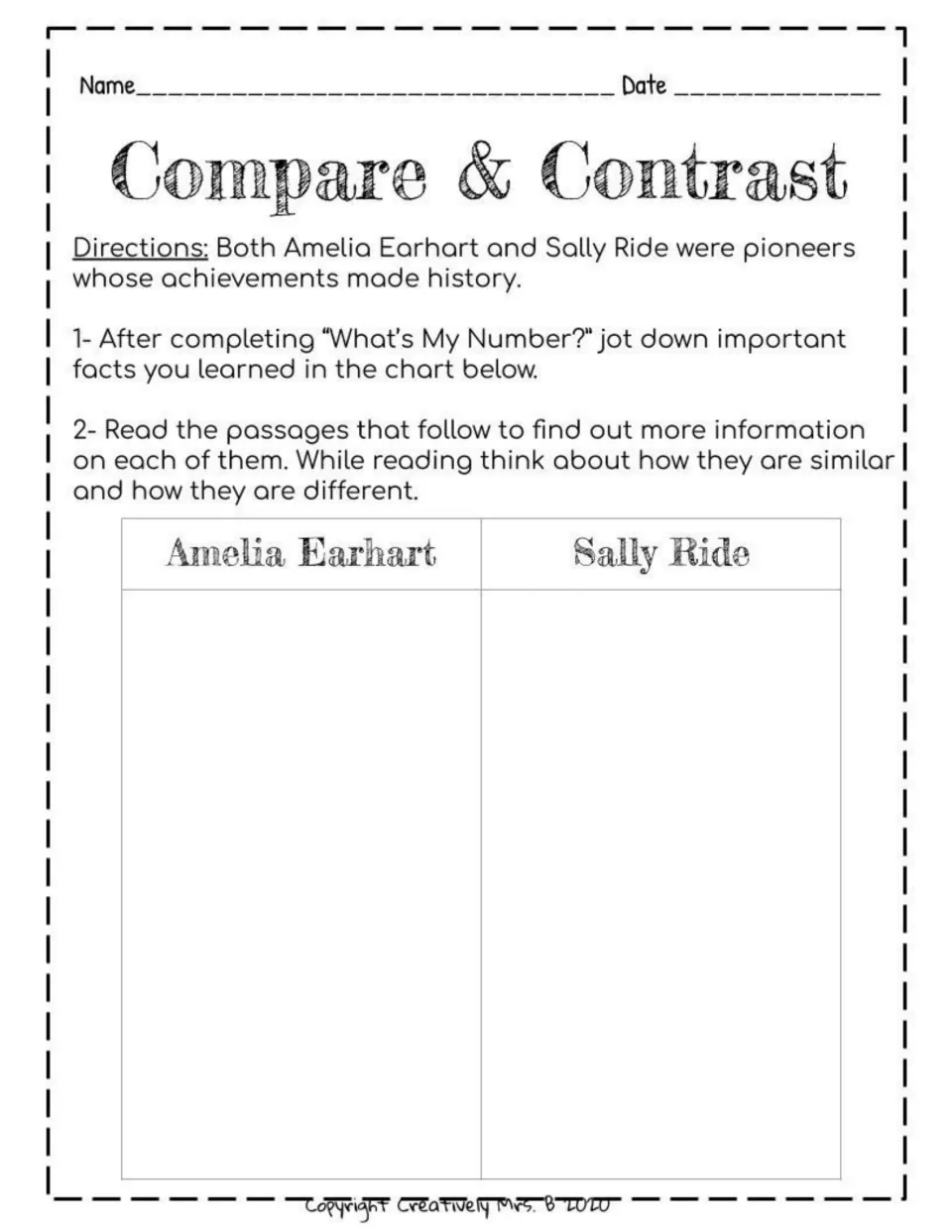 Compare-and-contrast note-taking sheet asks students to record Earhart and Ride facts from math trivia and readings