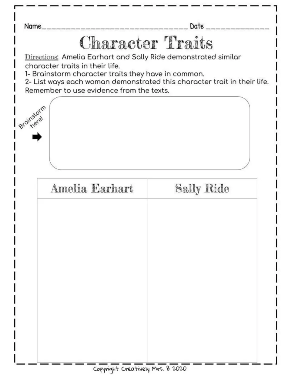 Character traits organizer asks students to identify traits Earhart and Ride share and support them with text evidence