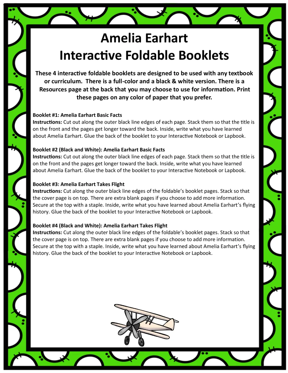 Assembly instructions for four booklet versions: Basic Facts and Takes Flight in color and black and white