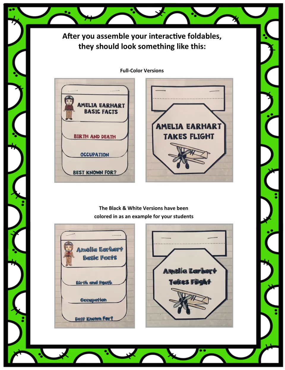 Completed examples of Basic Facts and Takes Flight booklets, showing color and colored-in black-and-white versions