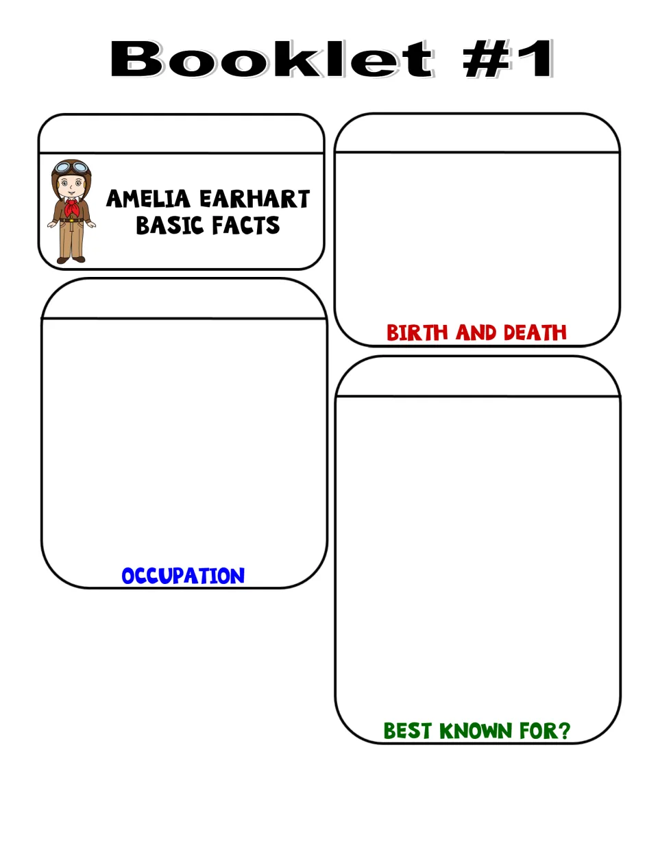 Booklet 1 color Basic Facts pieces: Amelia Earhart cover, Birth and Death, Occupation, and Best Known For?