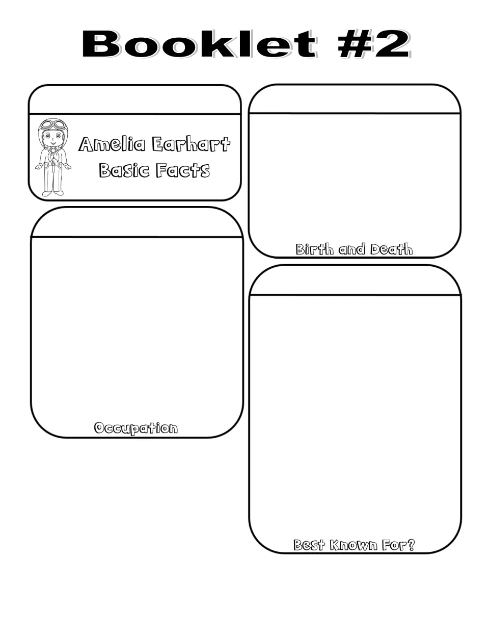 Booklet 2 black-and-white Basic Facts pieces: cover, Birth and Death, Occupation, and Best Known For?