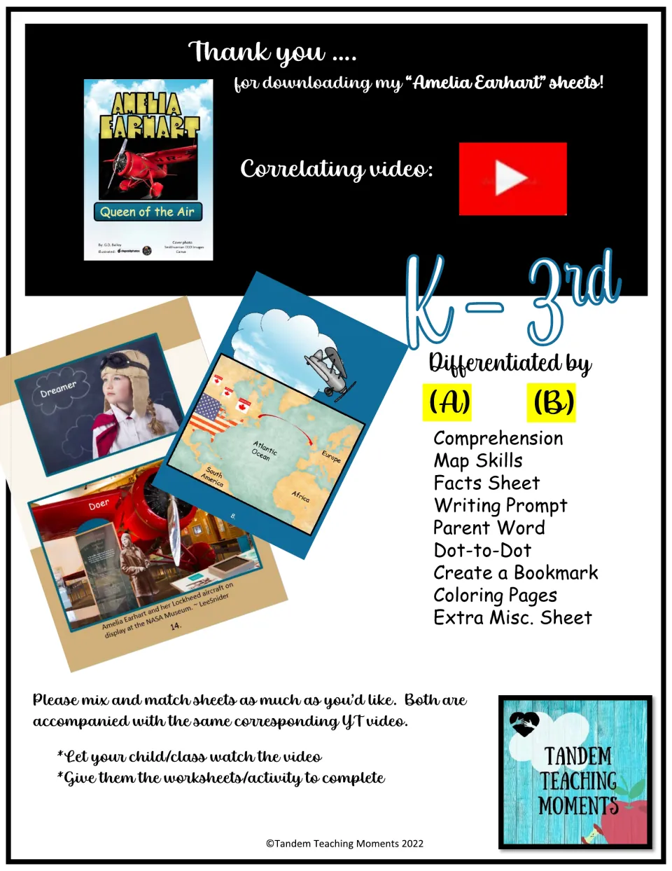 Packet introduction for grades K–3 lists differentiated A and B activities and a corresponding story video.