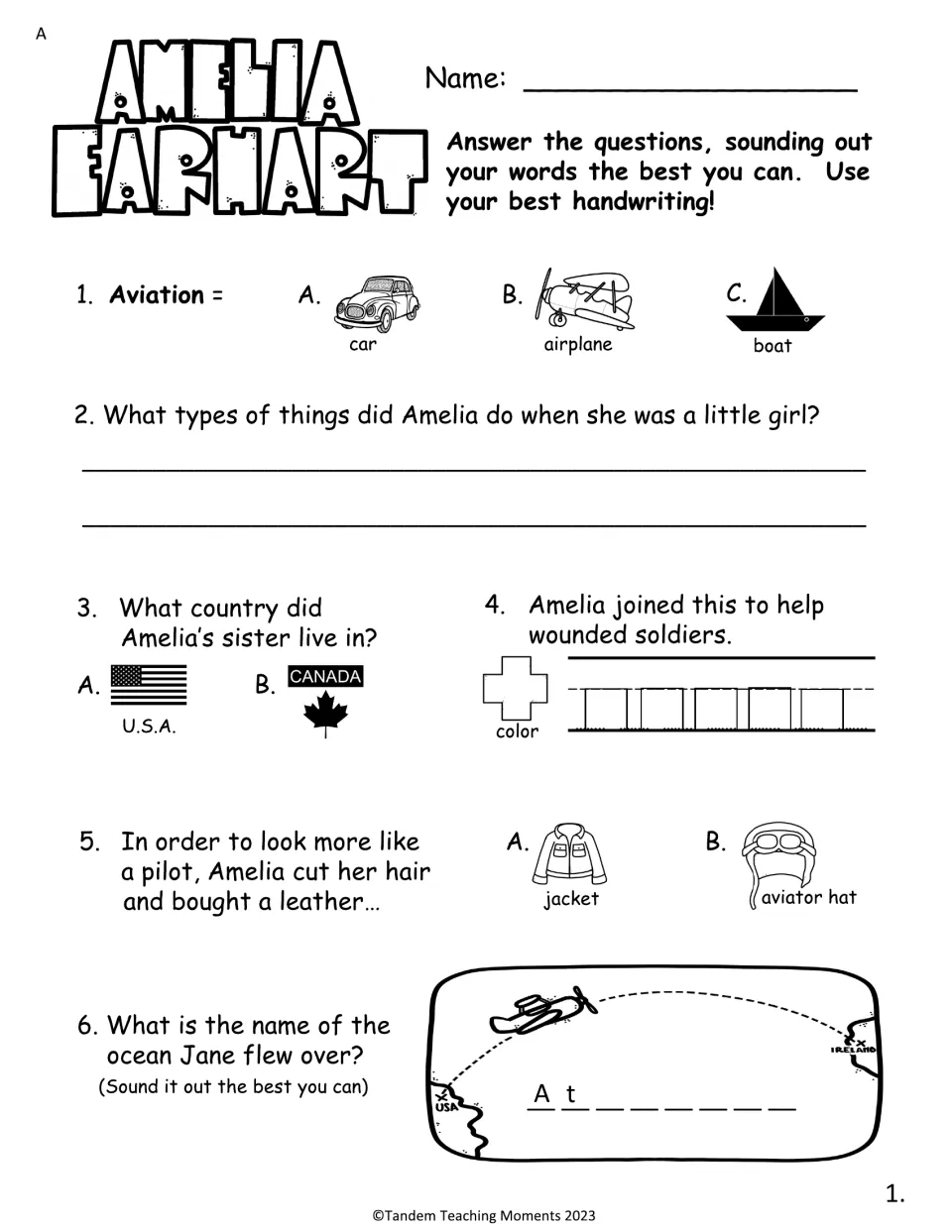 Set A comprehension questions 1–6 cover aviation, Amelia's childhood, Canada, the Red Cross, and flying.