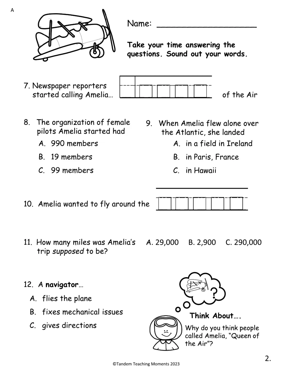 Set A comprehension questions 7–12 cover Queen of the Air, female pilots, Ireland, and a navigator's role.