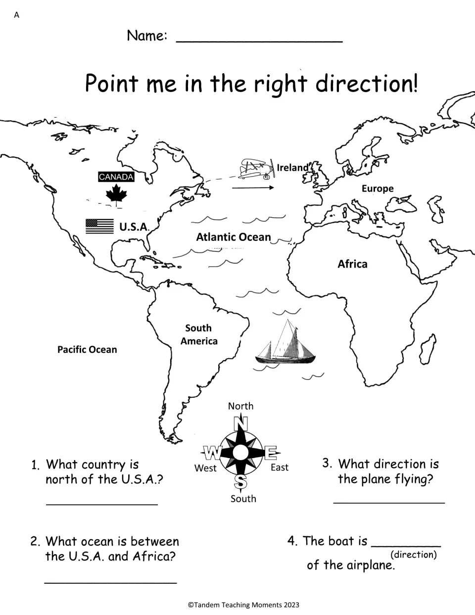 Set A map activity asks four questions about Canada, the Atlantic Ocean, and airplane and boat directions.