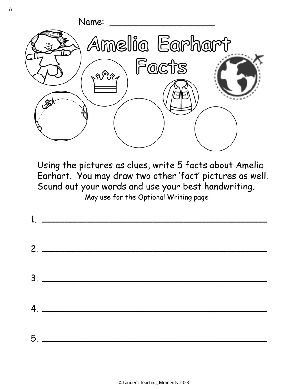 Set A facts activity asks students to write five facts about Amelia using picture clues and add two drawings.