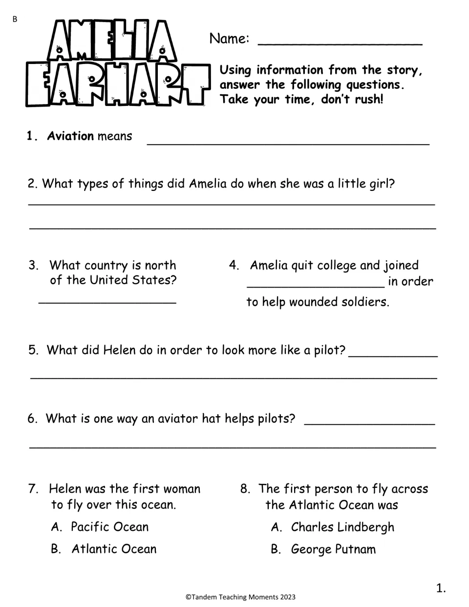Set B comprehension questions 1–8 ask about aviation, childhood, helping soldiers, pilot gear, and the Atlantic.