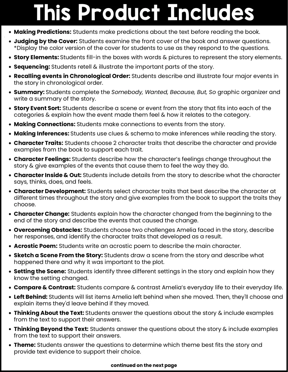 Contents list, part 1: 23 activities from Making Predictions and Story Elements through Character Traits, Setting and Theme