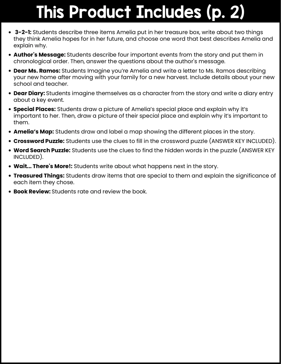 Contents list, part 2: 3-2-1, Author's Message, Dear Ms. Ramos letter, Amelia's Map, crossword, word search and book review