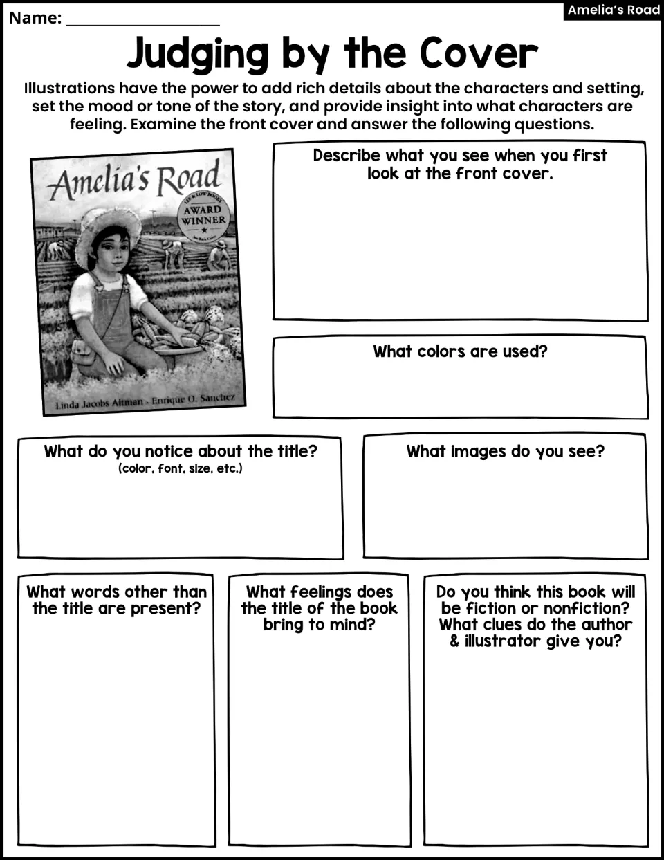 Judging by the Cover: students study the Amelia's Road cover and answer questions on its colors, title, images and genre