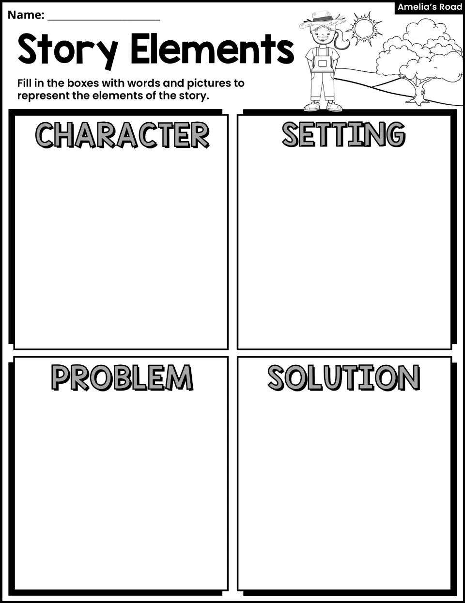 Story Elements: students use words and pictures to record the story's character, setting, problem and solution