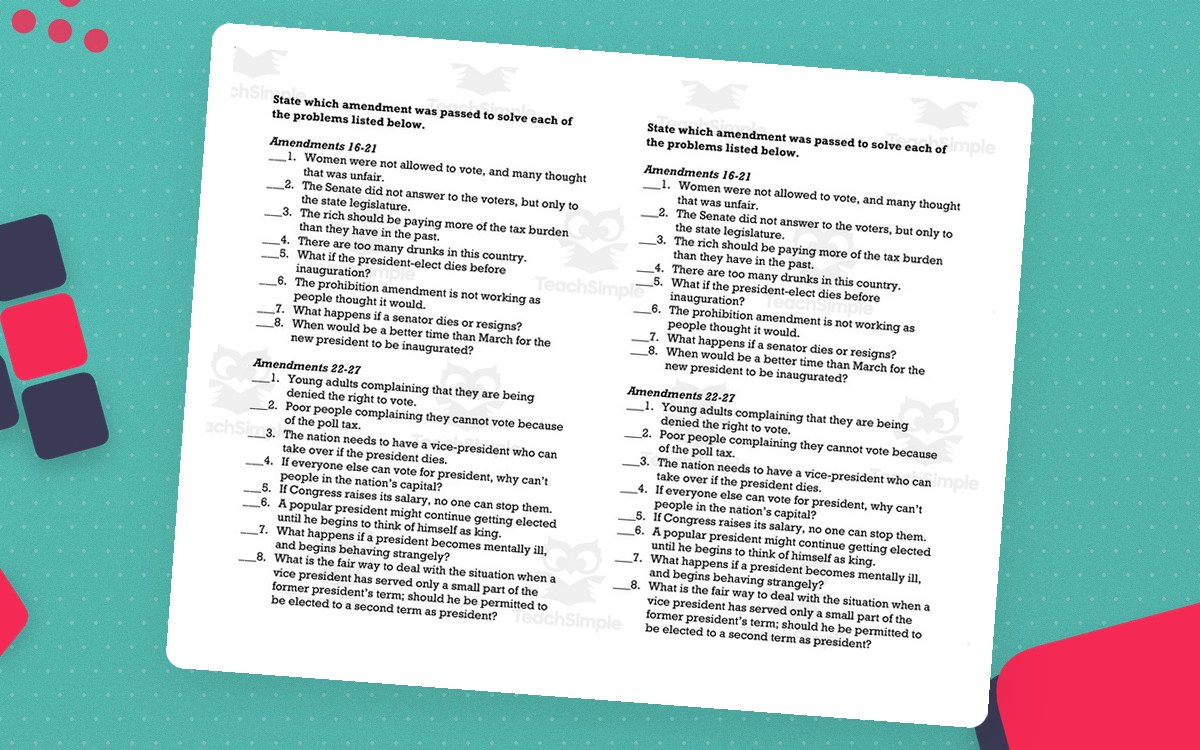 Amendments 16–27 Worksheet – U.S. Constitution preview