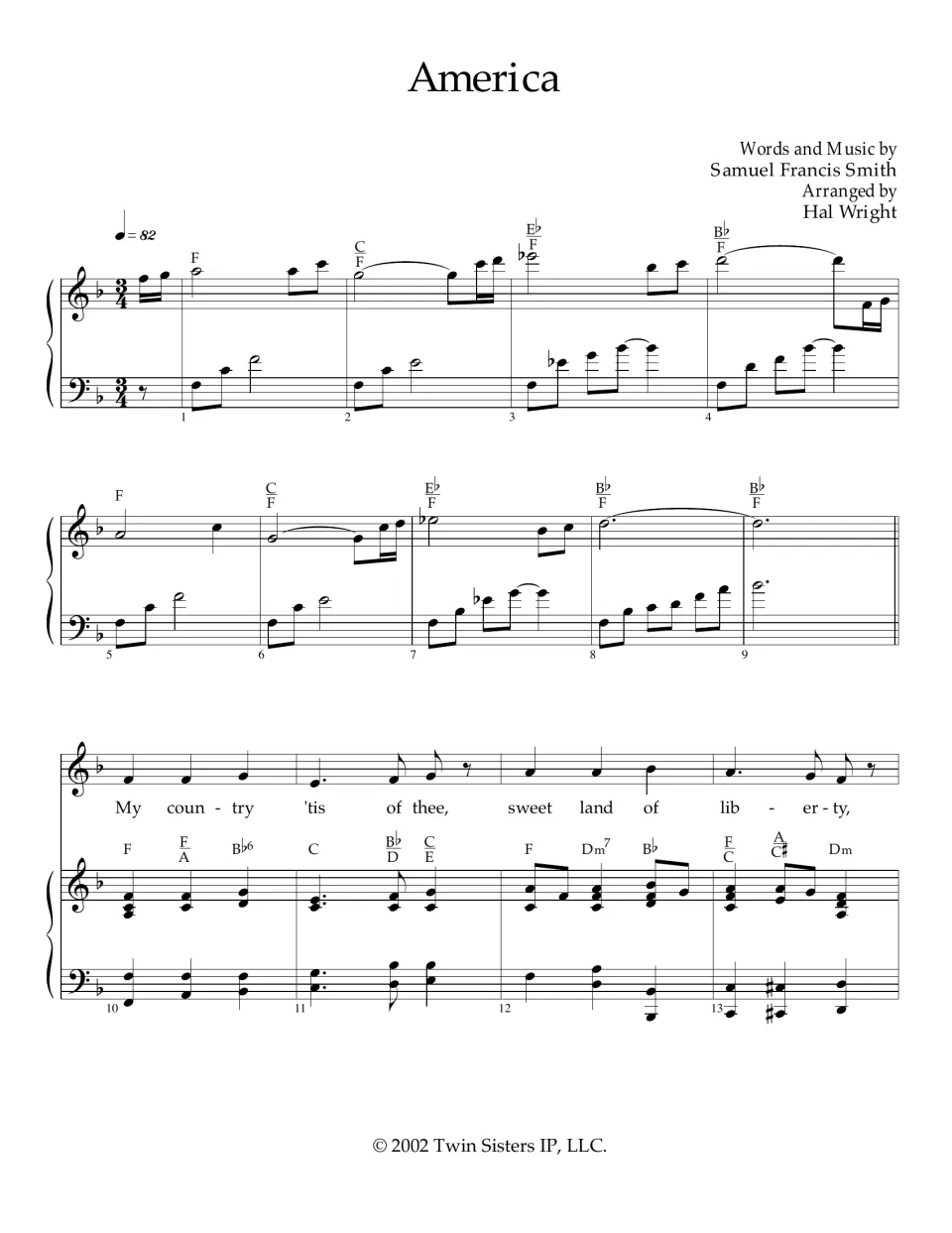 America by Samuel Francis Smith, arranged by Hal Wright: piano intro in F, then vocal line from "My country 'tis of thee"
